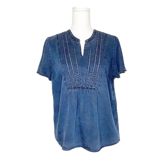 Soft Surroundings Emery Short Sleeve Chambray Embroidered Blouse Top Medium - Picture 1 of 5